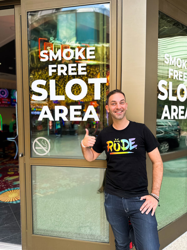 Brian Christopher outside the new Brian Christopher Slots at Plaza smokefree slot area