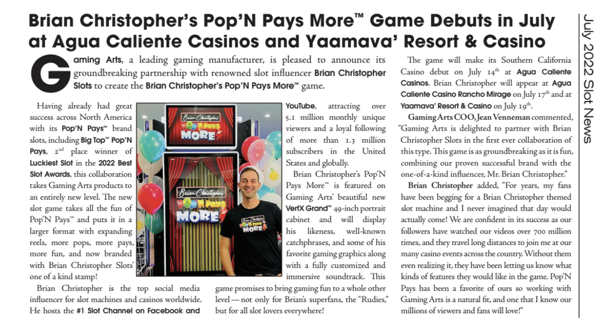 Brian Christopher's Pop'N Pays More slot machine launch announcement in Southern California Gaming Guide